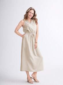 SHEIN LUNE Spring/Summer Casual Solid O-Neck Sleeveless Elasticated Waist Long Dress For Women - Khaki - View 5