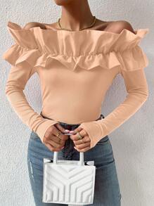 Chiquease 女士纯色荷叶边露肩长袖休闲 T 恤 - 粉色 - 查看 3