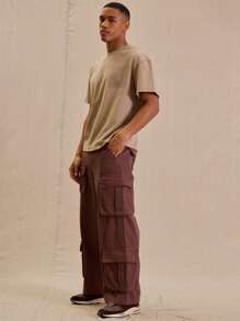Musero Men Woven Wide Leg Pocket Cargo Trousers - Chocolate Brown - View 5