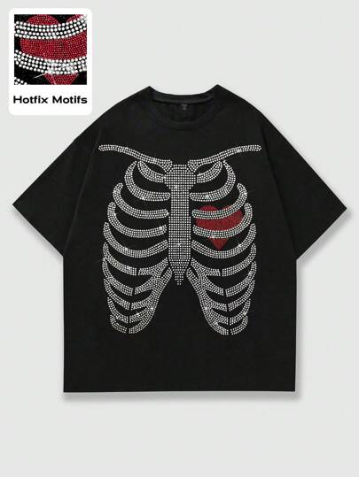 Goth Men's Skull Rhinestone Embellished Short Sleeve T-Shirt, Suitable For Everyday Spring/Summer Wear, Rave