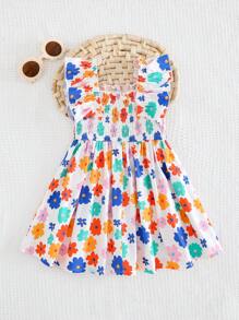 Cozy Pixies Sukienka dla dziewczynki z kwadratowym dekoltem w kwiaty i falbanką, z marszczeniami i ściągaczem w talii, na wiosnę