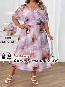 SHEIN CURVE+ Vestido largo con estampado floral elegante de manga de murciélago para tallas grandes, primavera/verano