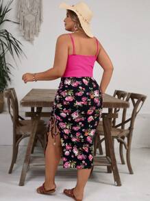 SHEIN VCAY Plus Size Vacation Island Resort Western Casual Fuchsia Ribbed Camisole Top Paired With Black Floral Print Split Hem Skirt, Summer 2 Pieces Set Summer Outfits For Women European Summer Western Wear Women Cute Summer Outfits Beach Outfits Boho Women Clothing Vacation Outfits Woman Resort Wear Women Hippie Clothes For Women Easter Outfit Women Rave Outfits Country Concert Outfit Nashville Outfits Outfits Ibiza Outfits - Multicolor - View 2