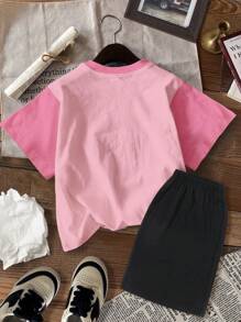 SHEIN 2 件套可爱卡通女孩印花短袖上衣和短裤套装，适合少女的休闲夏季服装 - 彩色 - 查看 2
