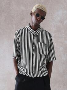 SUMWON Relaxed Fit Knitted Button-Down Shirt Textured Vertical Striped Pattern Casual Short Sleeve Summer Spring Designer Collection Streetwear Urban Fashion - Multicolor - View 1