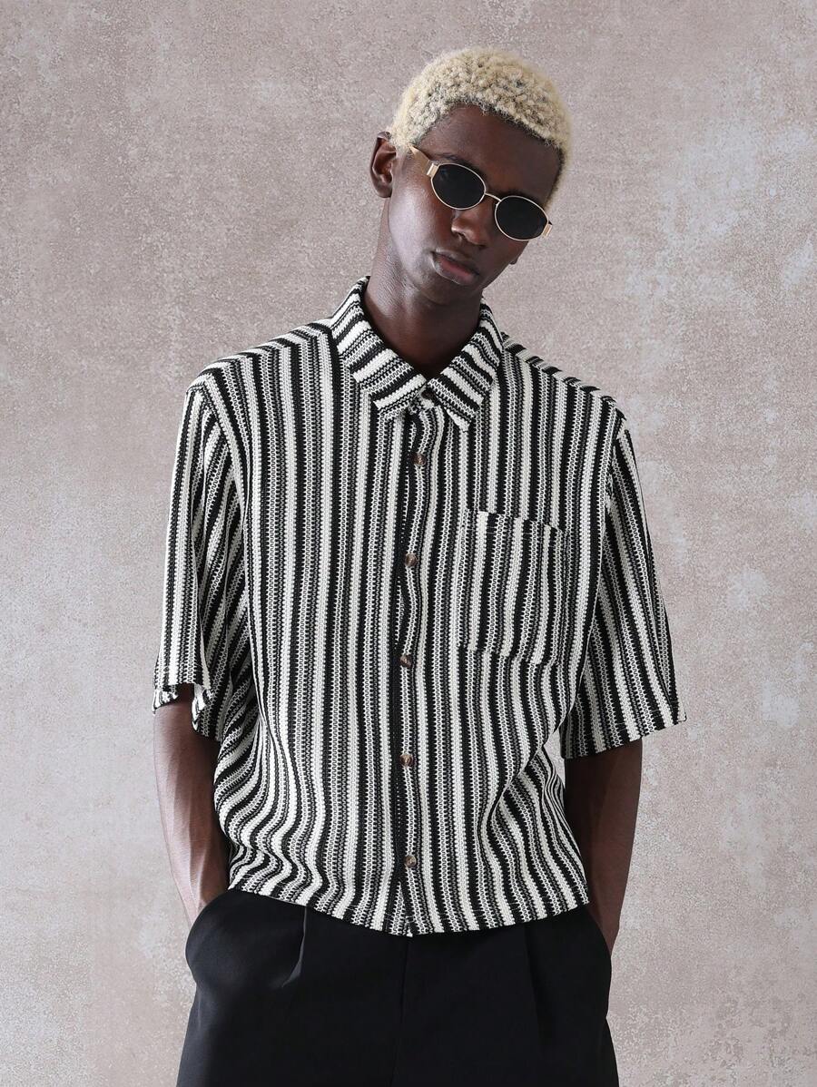 SUMWON Relaxed Fit Knitted Button-Down Shirt Textured Vertical Striped Pattern Casual Short Sleeve Summer Spring Designer Collection Streetwear Urban Fashion - Multicolor - View 1