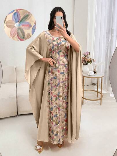 Al Najma 优雅女士土耳其和阿拉伯传统长裙，花卉拼布，春夏季，朴素的卡夫坦