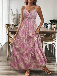 Breezaya Women's Folk Floral Print Spaghetti Strap Crossed Waist Loose Knee-Length Dress Maxi Women Outfit - Pink - View 4