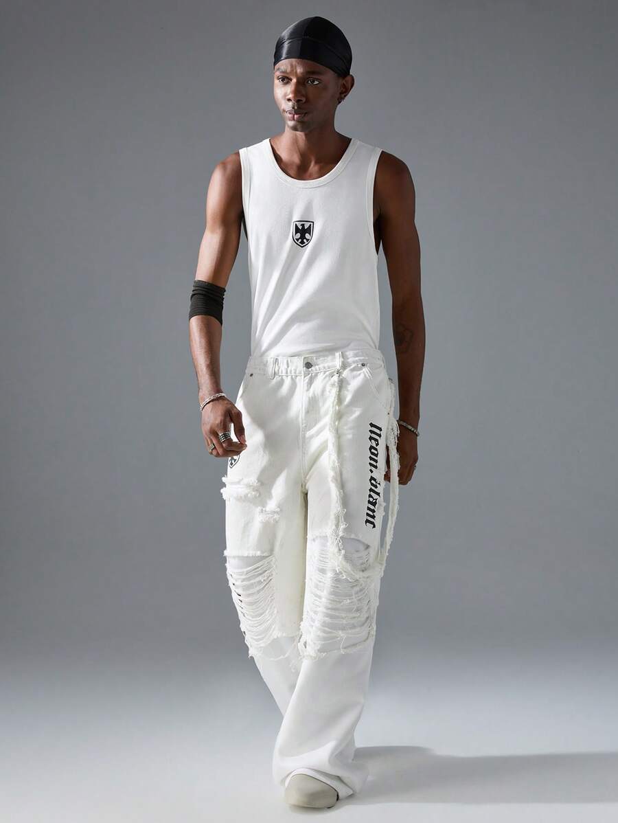 NEON BLANC 男士街头风格白色字母印花 3/4 长休闲牛仔裤 - 米色 - 查看 1