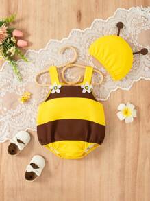 SHEIN Playful Pals 2 件蜜蜂主题女婴服装，可爱有趣的风格适合派对和日常穿着，夏季套装