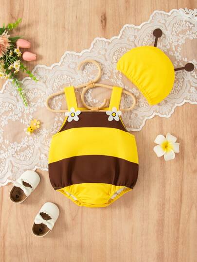 SHEIN Playful Pals Bộ trang phục bé gái chủ đề ong 2 món, phong cách dễ thương vui nhộn thích hợp cho tiệc tùng và mặc hàng ngày, bộ mùa hè