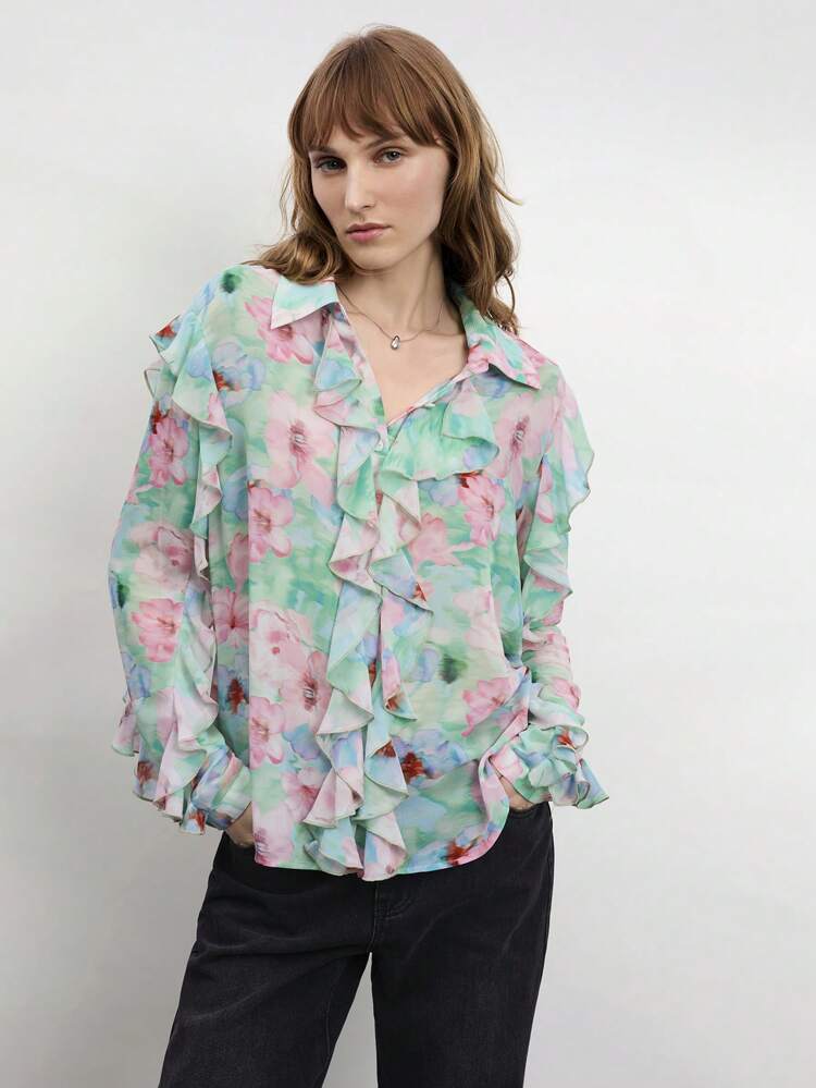 SHEIN Maija Camisa Casual & Empresarial Feminina com Estampa Floral e Babados, Camisa Folgada de Manga Curta com Colarinho, Moda Elegante e Romântica Moderna da Cidade, Macia e Confortável, Cor Rosa e Verde
