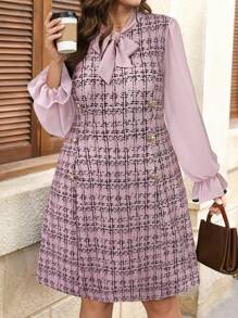 Chikora Plus Size Women Chiffon Sleeve Splice Faux Tweed Knit Print Dress, Metal Button Color Block Elegant Business Commute, Autumn/Winter - Pink - View 6