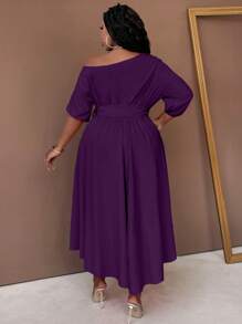 Maweii Vestido largo con cinturón y cuello asimétrico de línea A para mujer de talla grande - Morado - Ver 2
