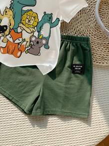 Baby Boy Casual Minimalist Cartoon Print Short Sleeve Shorts Set, Suitable For Summer