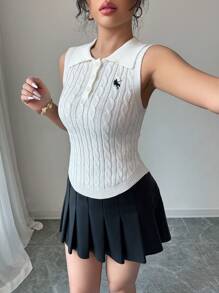 Chiquease New Simple Korean Style Sleeveless Pure Linen Knitted Polo Neck Embroidered Pullover Sweater For Women, Spring/Summer - White - View 4