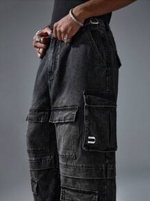 NEON BLANC Loose Fit Long Washed Denim Jeans With 3D Pockets For Men, Street Fashion Style - Black - View 6