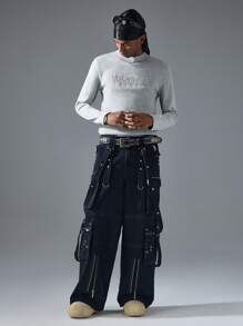 NEON BLANC Men's Street-Style Knit Letter Embroidered Round Neck Long Sleeve T-Shirt Cotton - Grey - View 6