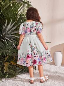 SHEIN Leap Crew Young Girl Fitted Casual Dress With Pink Rose Floral Print, Suitable For Valentine's Day, Princess Dress, Festival, Wedding, Party - White - View 2