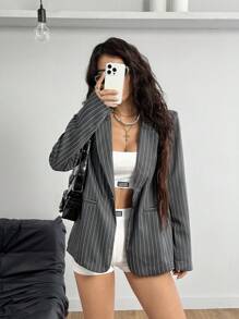 Coolane Women's Fall/Winter Streetwear Striped Grey Suit Jacket,Stripes For All Seasons
