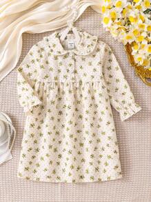 女婴桃色底色全身粉色花卉印花长袖长睡袍，家居睡衣