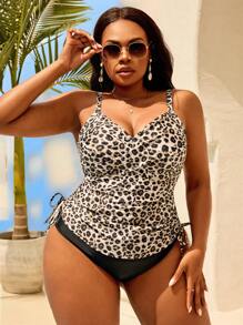 Swim Lushoire Women Plus Size Leopard Print 2 Pieces Set - Halter Neck Criss-Cross Front Drawstring Waist Top And Triangle Bottoms Vacation Bikini For Summer - Multicolor - View 1