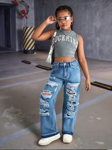 Tween Girls Street Style Distressed Loose Straight Wide-Leg Jeans - Medium Wash - View 7