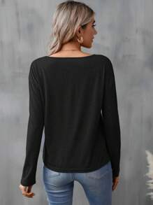 SHEIN LUNE Casual Minimalist New York Letter Print Regular V-Neck Long Sleeve Women T-Shirt, Suitable For Spring & Summer Fall Clothes,Casual - Black - View 2