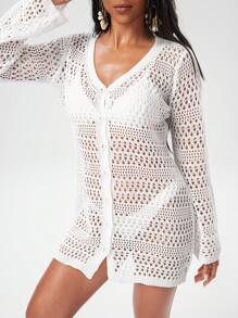 SHEIN 女士海滩夏季罩衫，白色镂空钩针编织长袖罩衫，优雅节日波西米亚风格 - 白色 - 查看 1