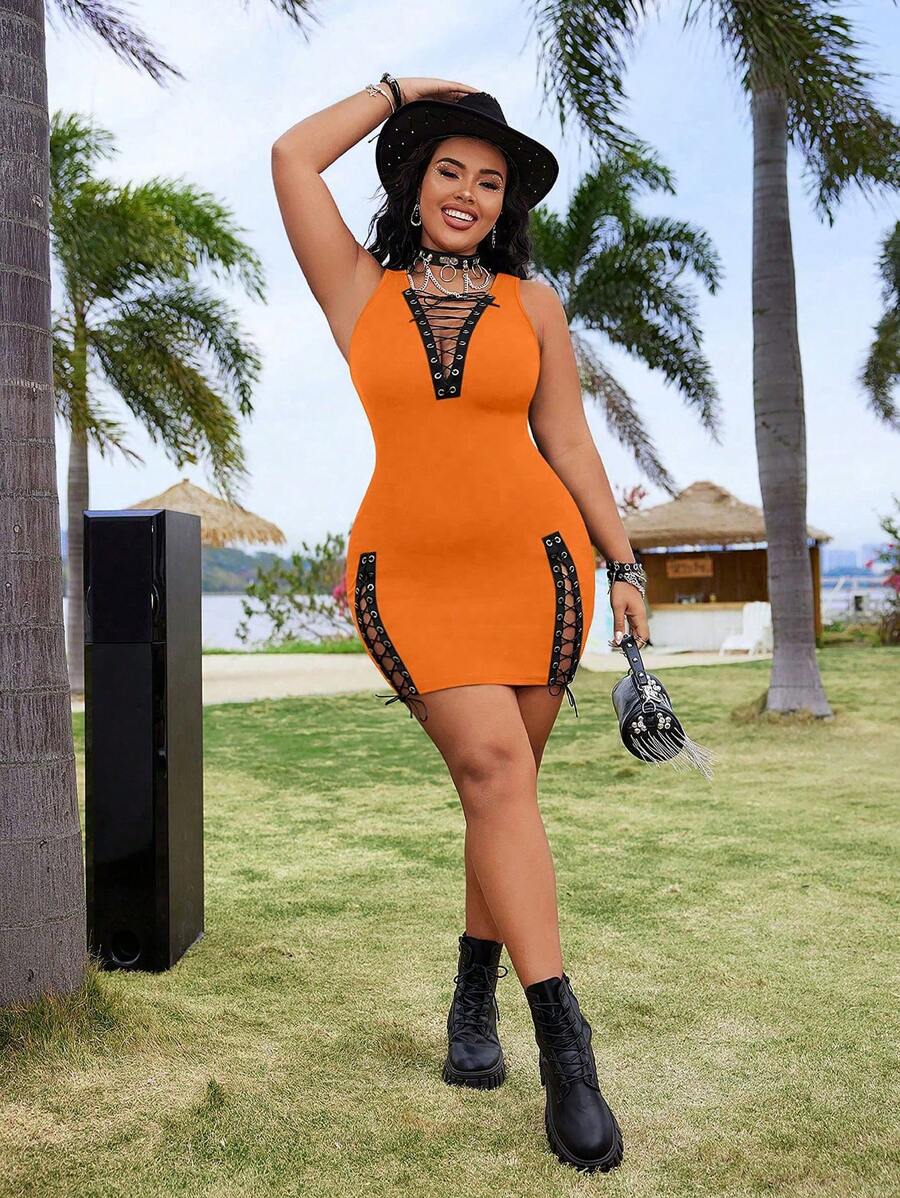 Flirla 大码无袖系带性感迷你连衣裙 - 橘色 - 查看 1