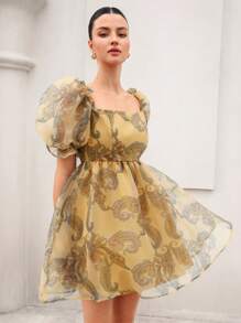 GENKIRA Yellow Summer Boho Paisley Organza Mini Dress For Women,Palace Style Sheer Puff Sleeve A-Line Vacation Dress,Crew Neck All Over Print Day Party Dress - Multicolor - View 4