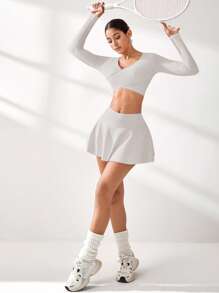 Eassivo Eassivo 2pcs Women's Sporty Casual Yoga Running Fitness Cute & Sexy Top & Skirt Shorts Set - Beige - View 6