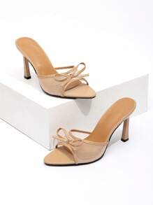 CUCCOO CHICEST New Fashionable Versatile Rhinestone Bowknot Strap Stiletto High Heel Sandals For Christmas - Apricot - View 3