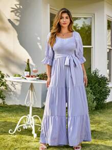 KURAYIA Plus Size Square Neck Wide Leg Loose Belted Jumpsuit, Vacation Wear - Purple - View 3