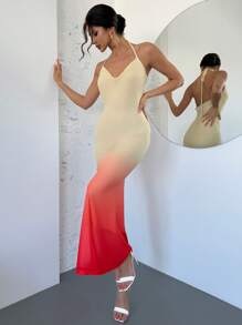 Firerie Valentine's Day New Style Women's Spring Summer Elegant Date/Holiday Sexy Gradient Color Tie Dye Plunge Neckline Open Back Tie Sheer Mesh Bodycon Slip Maxi Dress Concert Rave Outfit Women