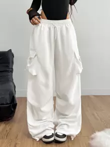 Coolane 黑色带盖口袋侧抽绳腰部降落伞工装裤 - 白色 - 查看 3