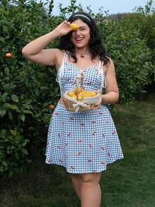 SHEIN MOD Plus Size Women Blue & White Plaid Crop Top With Tie Straps & Short Flared Skirt Set, Vacation Countryside Outfit