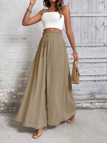 Breezaya Black Casual Wide Leg Pants, Solid Color Minimalist, Suitable For Summer Fall Cloth For Women - Khaki - View 5