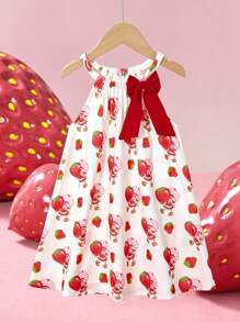 Strawberry Shortcake X SHEIN 年轻女孩休闲可爱草莓印花蝴蝶结装饰连衣裙，适合春夏季和户外野餐派对 - 紅白色 - 查看 1