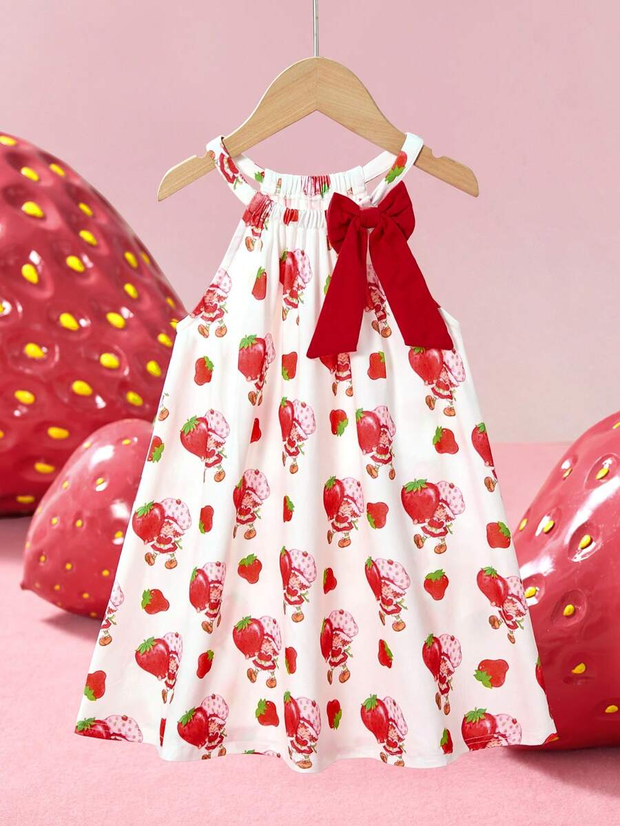 Strawberry Shortcake X SHEIN 年轻女孩休闲可爱草莓印花蝴蝶结装饰连衣裙,适合春夏季和户外野餐派对 - 紅白色 - 查看 1