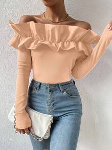 Chiquease 女士纯色荷叶边露肩长袖休闲 T 恤 - 粉色 - 查看 5