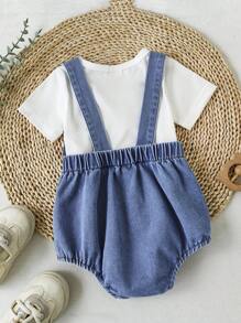 Baby Boys 2pcs Set: Simple White Short Sleeve Top + Cute Blue Denim Overall Jumpsuit. Loose, Minimalist Design With Large Pocket Front, Soft & Comfortable Casual Style Suitable For Spring/Summer Outings, Vacation, Daily Wear - Multicolor - View 2