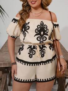 SHEIN VCAY Plus Size Women Floral Print Off-Shoulder Casual Jumpsuit Summer Outfits For Women European Summer Western Wear Women Cute Summer Outfits Beach Outfits Boho Women Clothing Vacation Outfits Woman Resort Wear Women Hippie Clothes For Women Easter Outfit Women Rave Outfits Country Concert Outfit Nashville Outfits Outfits Ibiza Outfits