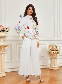 SHEIN 2pcs/Set Women's Simple & Elegant Floral Embroidery Pattern Long Sleeve Blouse And Pants Set