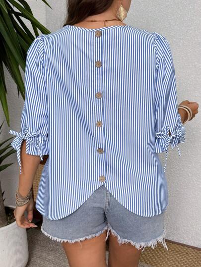 EMERY ROSE Striped Plus Size Shirt With Round Neck, Sleeve Tie, Button Back Decor Fall