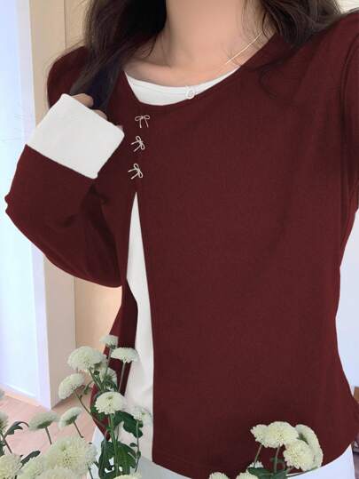 DAZY Camiseta de mujer con mangas largas, cuello redondo, abertura oblicua y efecto de dos en uno con bloqueo de color, ropa de otoño