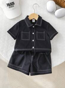 2pcs/Set Baby Boy/Girl Casual School Chic Oversized Top/Shirt With Elastic Waist Shorts Outfit, Suitable For Spring/Summer Indoor And Outdoor Wear