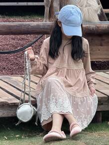 DAZY Tween Girls Mid-Long A-Line Lace Patchwork Solid Color Princess Round Neck Long Sleeve Tween Girl Dress Vacation - Pink - View 6