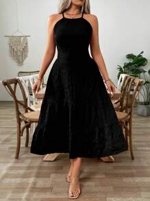 SHEIN Clasi Plus Size Women Solid Color Criss-Cross Back Casual Cami Dress - Black - View 3