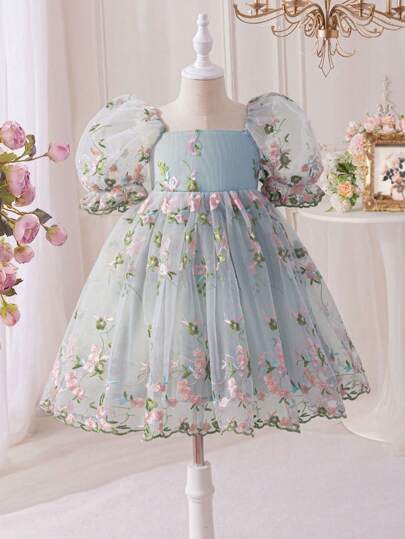 Young Girl Woven Mesh Embroidered Square Collar Fitted Dress